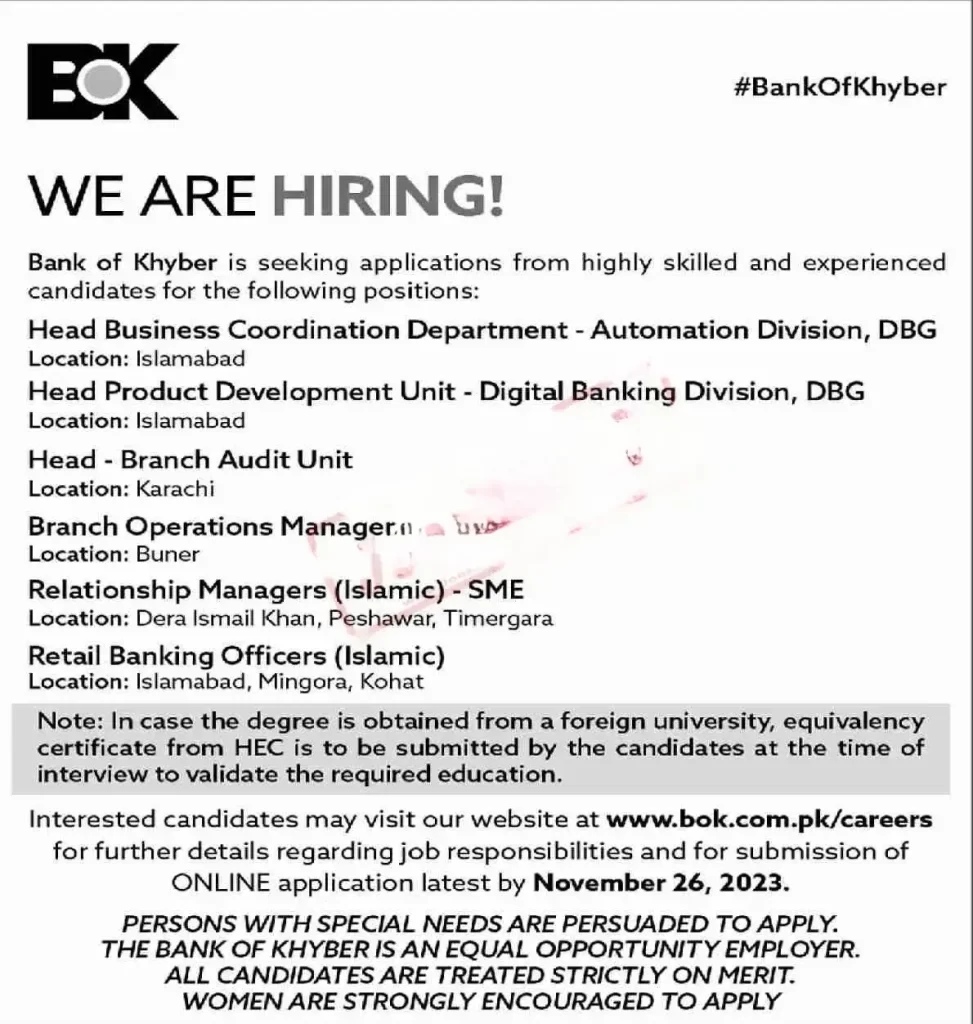 Apply for Bank of Khyber (BOK) Jobs 2023 Online